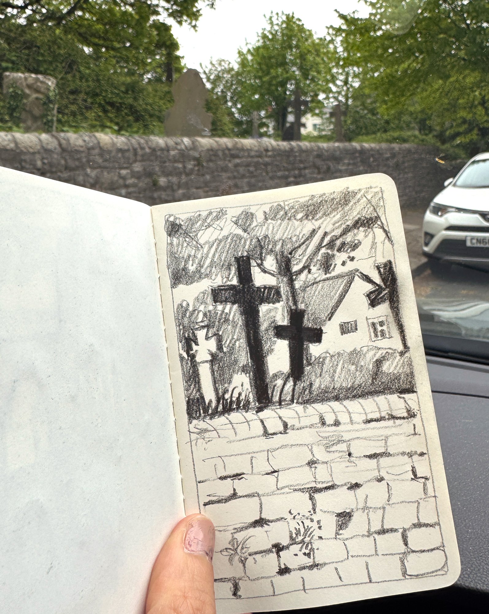 Sketchbook drawing of crosses in the churchyard of St Augustine's, Penarth