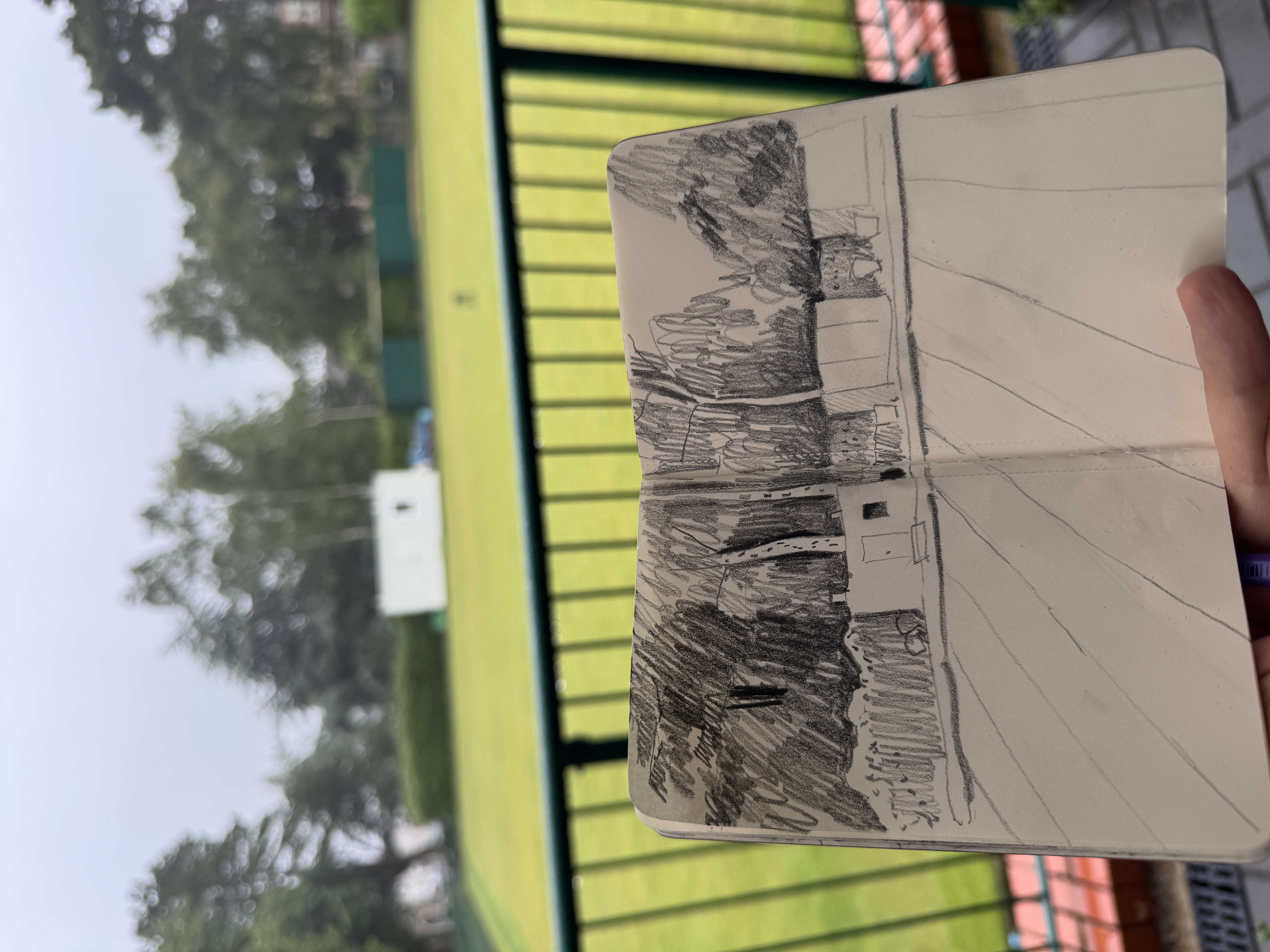 Graphite sketchbook drawing made in Belle Vue Park, Penarth