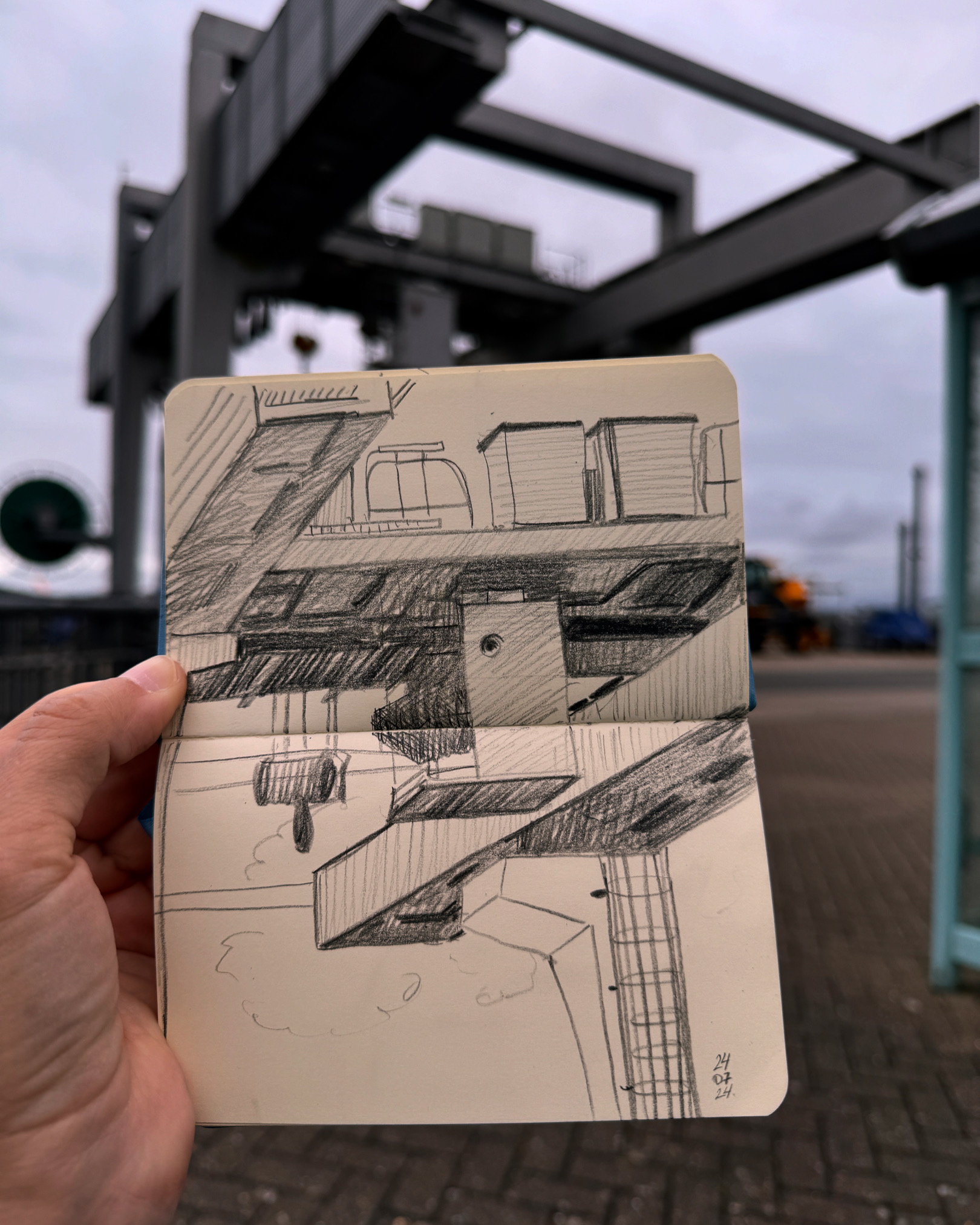 Graphite sketchbook study of the structures at Cardiff Bay Barrage