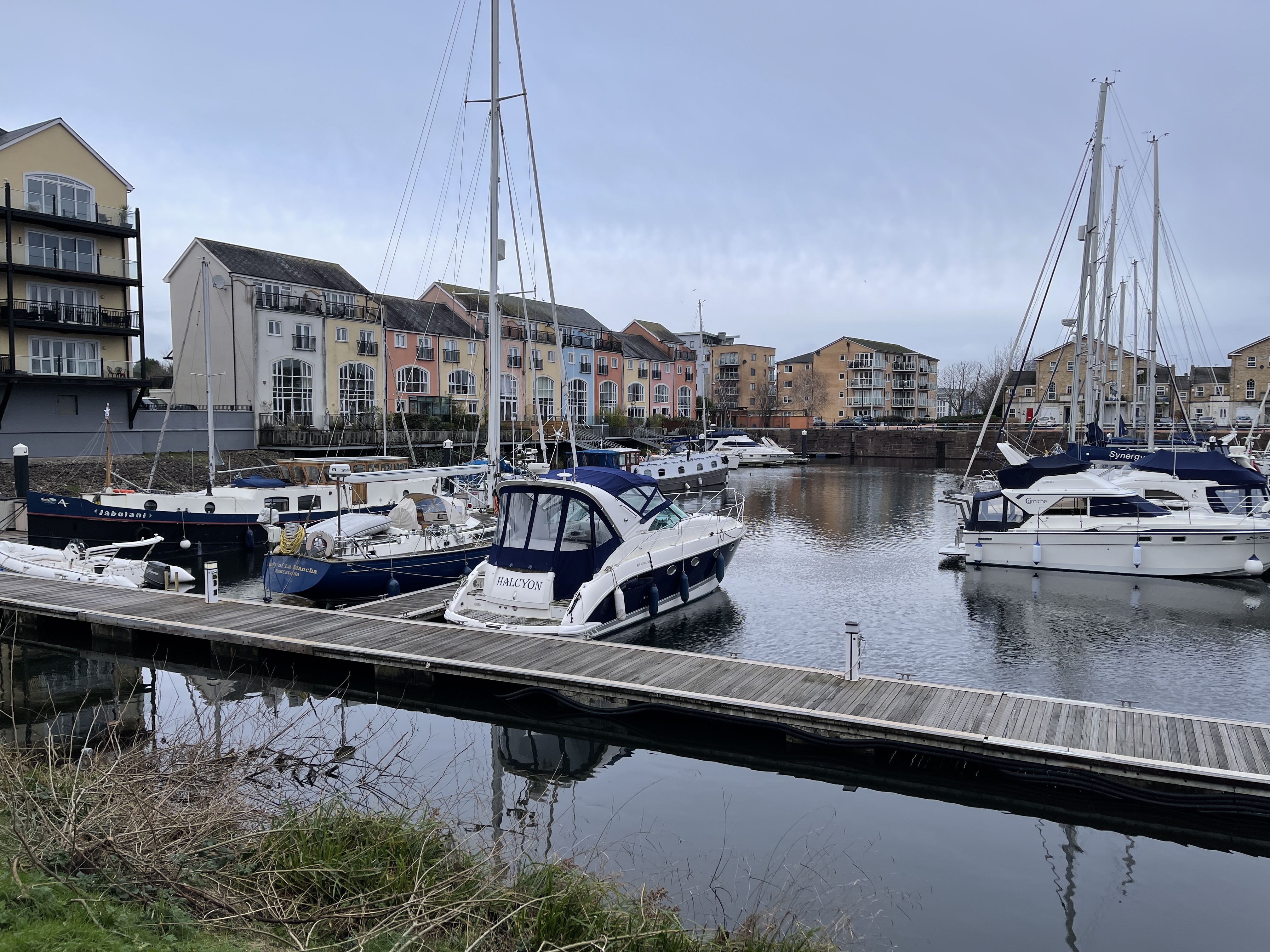 Boats, pontoons, and waterside buildings at Penarth Marina
