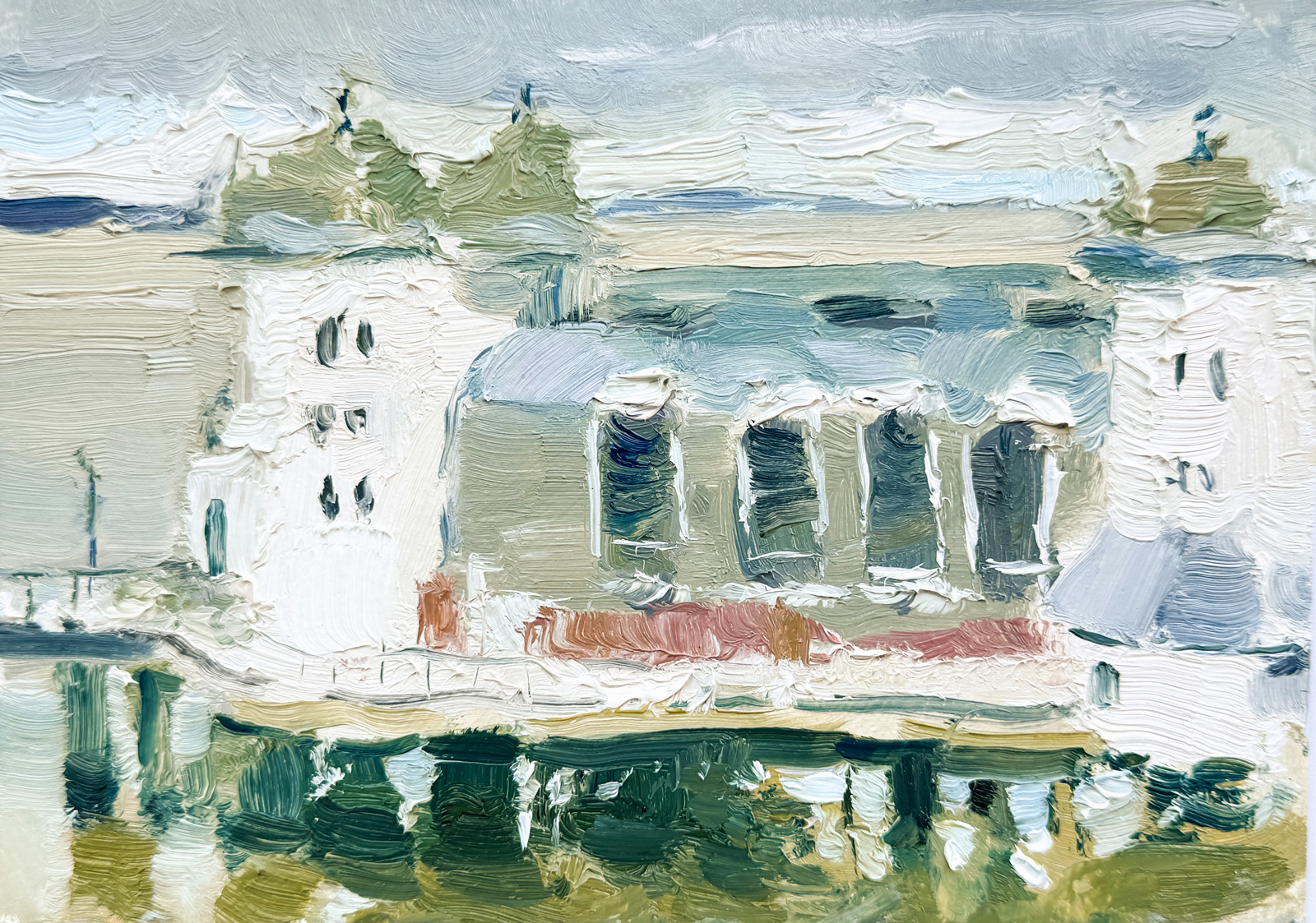 Penarth Pier oil painting by Ksenia Kudelkina, view across the Bristol Channel
