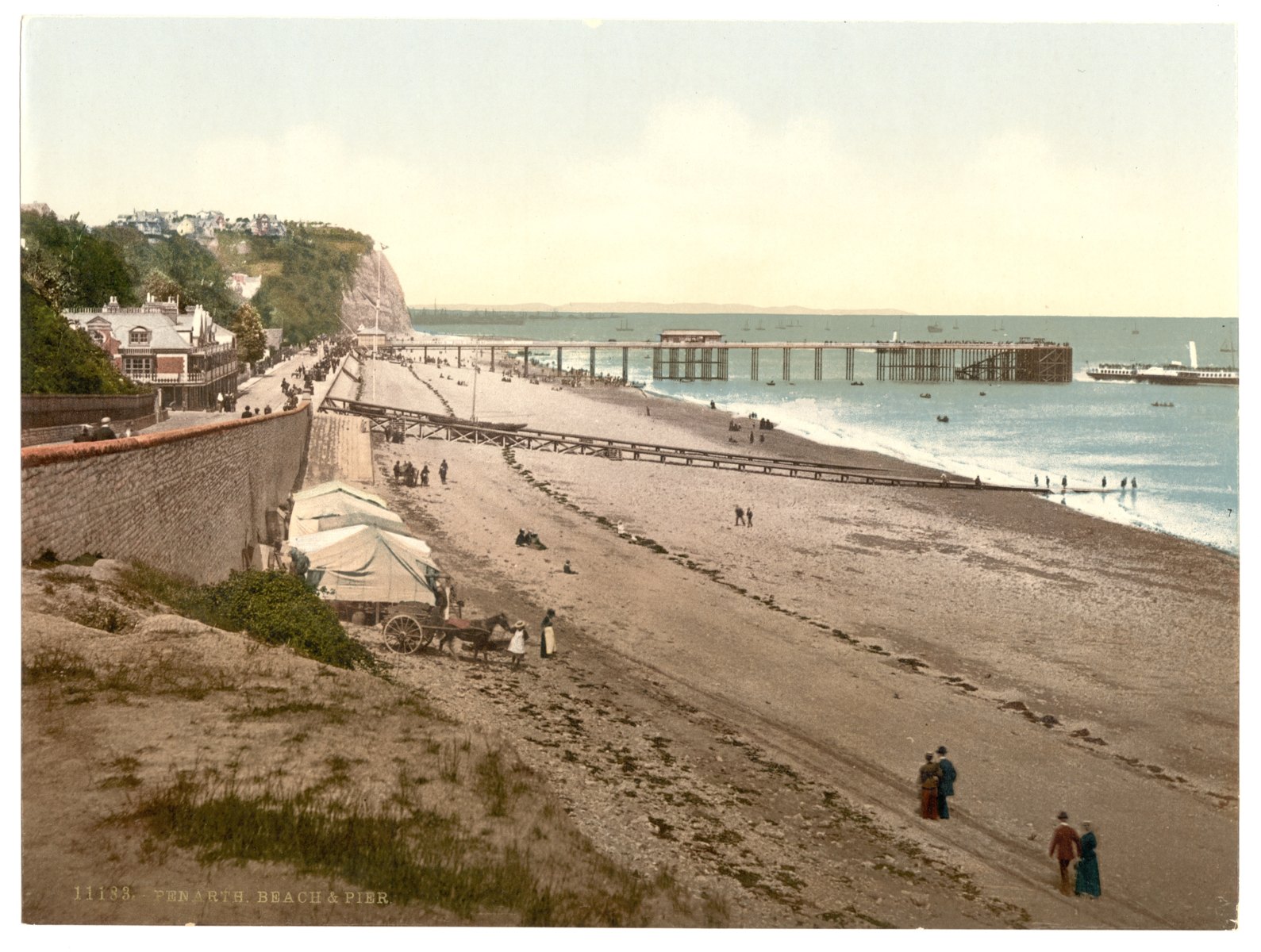 Historic colour photograph of Penarth beach and pier between about 1890 and 1900