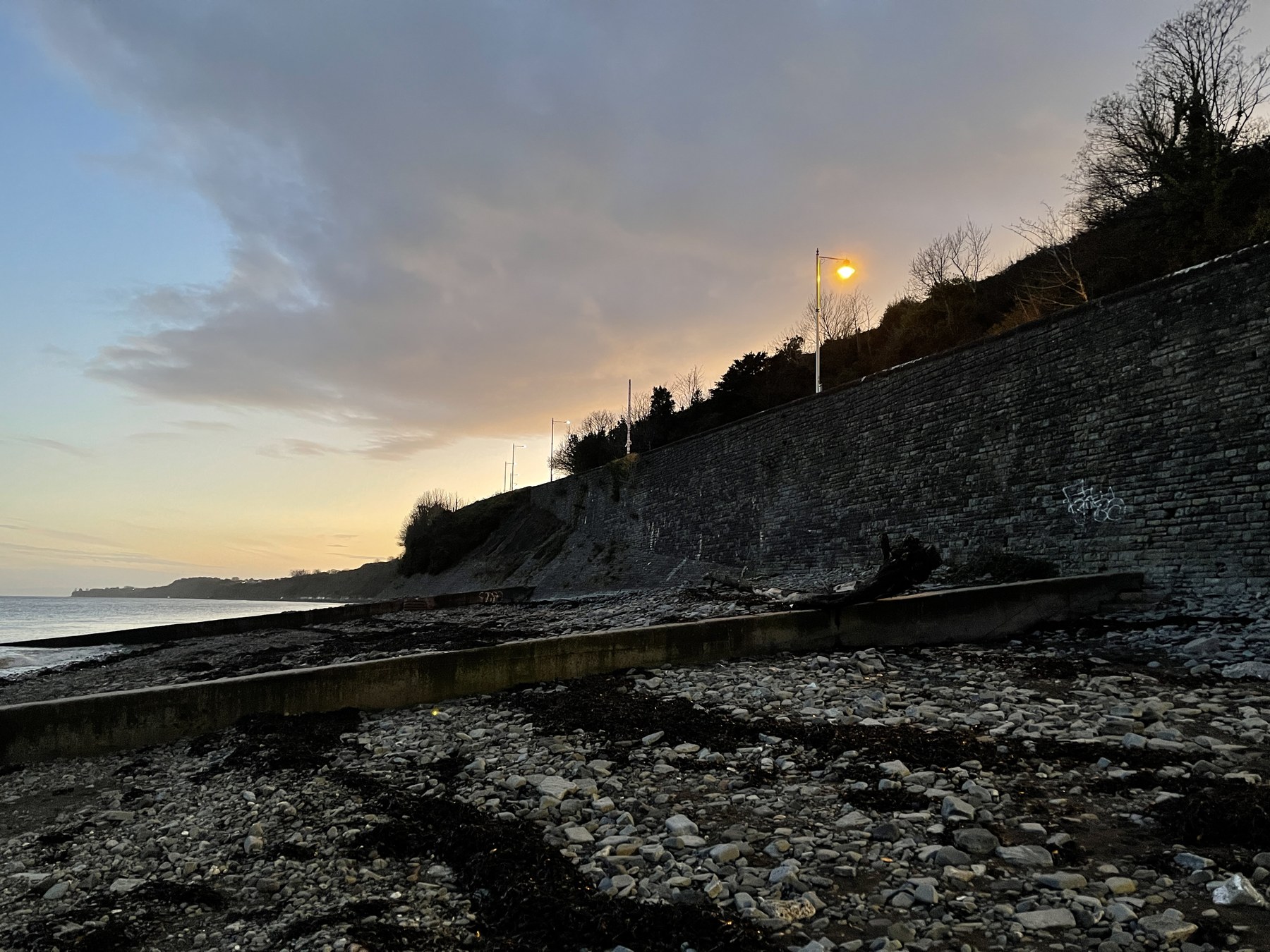 Penarth beach below the cliffs at dusk