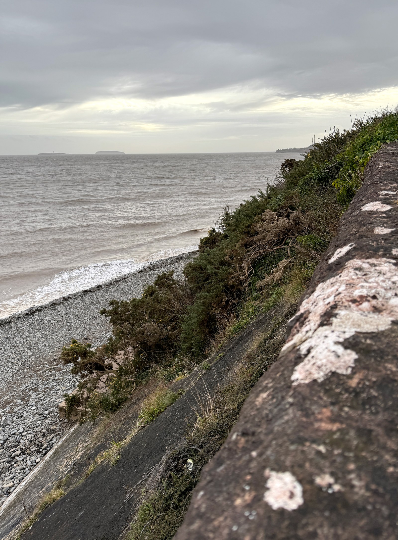The Bristol Channel from the Penarth cliffs, with Flat Holm and Steep Holm on the horizon