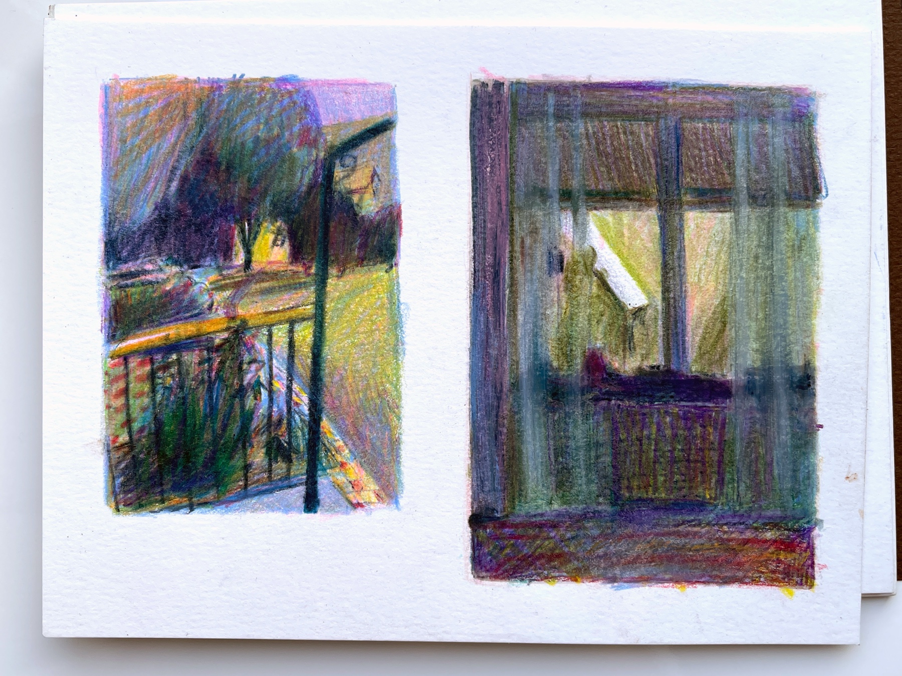 Two coloured pencil sketches showing a cafe window and an outdoor view